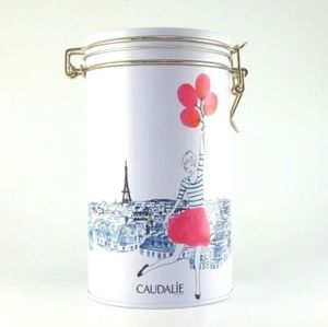 Caudalie Paris collectible empty metal makeup storage tin girl w/pink ba…